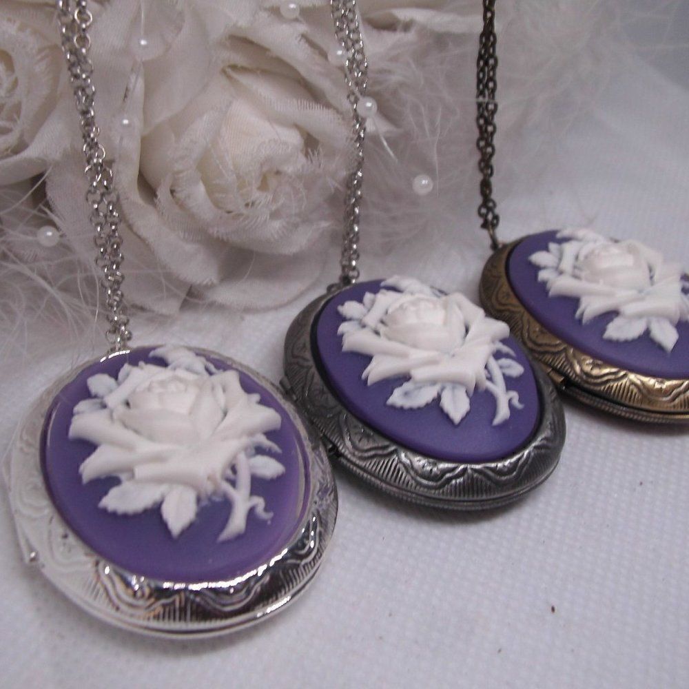 Locket Lavender & White Rose Cameo Locket Necklace
